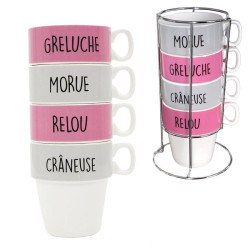 Coffret de 4 tasses à Café "Greluche, Morue..."