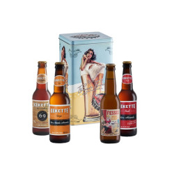 Coffret de 4 bières humoristiques avec Beer-box en métal vintage